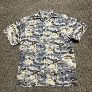 Knightsbridge Mens Button Up Shirt Medium Blue‎ Fish Ships Print Short Sleeve